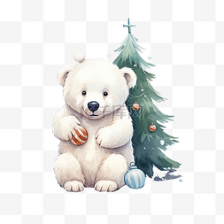 可爱的北极熊坐在冰里用球装饰圣