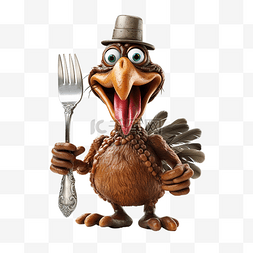 一只火鸡拿着勺子和叉子跑去参加