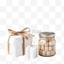 圣诞礼品盒和一罐棉花糖，白色木
