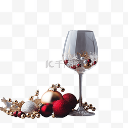 喝红酒红酒图片_灰色墙面上放着圣诞玩具的酒杯