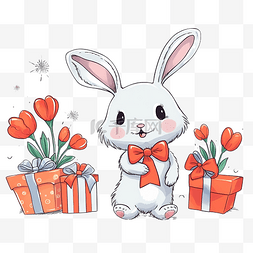 可爱的兔子角色兔子，带花束和胡