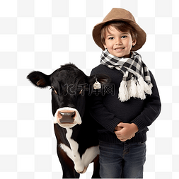 宠物合影图片_男孩在冬季牧场与圣诞装饰的黑白