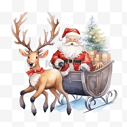 可爱的驯鹿与圣诞老人雪橇水彩圣