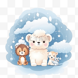 生日函图片_圣诞贺卡与云和婴儿动物婴儿第一