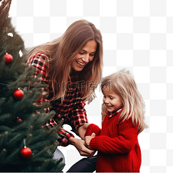 快乐的妈妈和小女孩穿着红色针织
