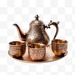 具有艺术雕花的铜茶壶和茶杯