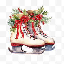 圣诞节溜冰鞋装饰水彩圣诞季节插