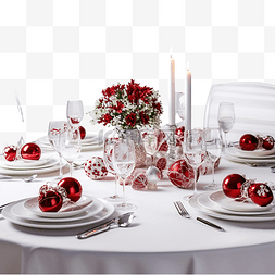 桌面红色装饰图片_圣诞餐桌布置，配有白色和红色装