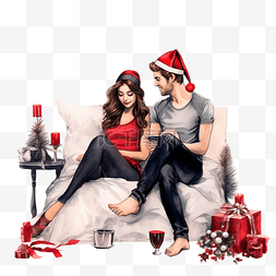 喝饮料的情侣图片_男孩和女孩坐在床上，上面有圣诞