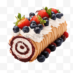 巧克力卷奶油蛋糕配草莓和蓝莓