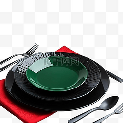 蝴蝶结绿色的图片_黑色盘子和复古餐具，配有绿色和