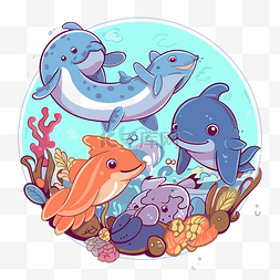 卡通小海豚在海里游泳 向量