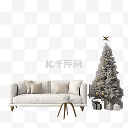 客厅内部有圣诞树和白墙上的白色