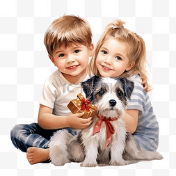 儿童男孩和女孩带着狗杰克罗素梗