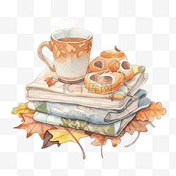 情書图片_水彩秋季舒适毯子，配有书籍和咖