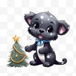 树上的猫卡通图片_可爱的豹子从圣诞树上摘下星星