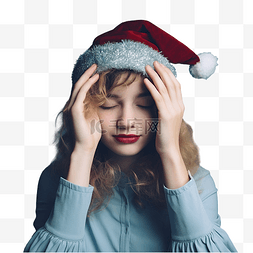 手戏图片_戴着圣诞帽的女孩，戴着孤立的蓝