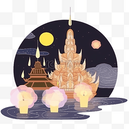 水灯图片_泰国寺庙洛伊水灯夜景与满月和灯