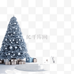 候客厅图片_圣诞客厅，树蓝色调，节日快乐