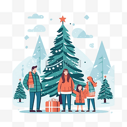 圣诞雪地车图片_森林里的一个家庭站在一辆汽车旁