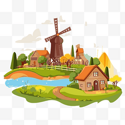 风车插画图片_乡村剪贴画农场景观与风车和房子