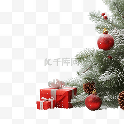 白雪上的杉树和红色圣诞装饰品和