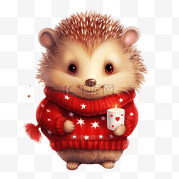 可爱的卡通圣诞刺猬穿着红色毛衣