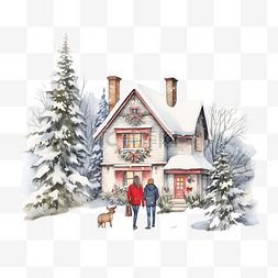 卡通圣诞夫妇图片_圣诞快乐，一对夫妇站在冬屋前