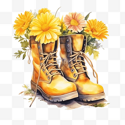粉色与蓝色花朵图片_水彩黄色靴子与花朵