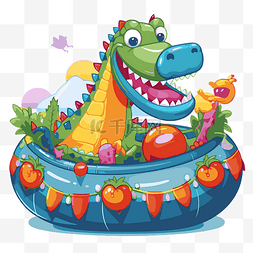 充气泳池图片_充气剪贴画可爱的卡通鳄鱼在带篮