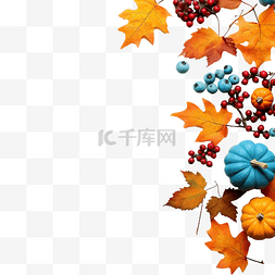 秋季构图在蓝色背景上留下浆果南