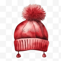 带有绒球水彩画的红色冬帽