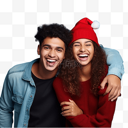 遇见便是幸福图片_快乐的多种族年轻夫妇戴着圣诞红