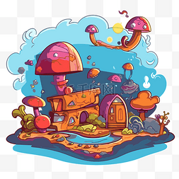 想象力剪贴画蘑菇城堡和蘑菇岛与