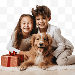 男孩和狗玩耍图片_快乐的姐妹和兄弟在装饰好的圣诞