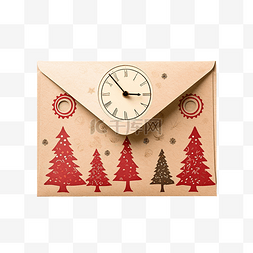 信封红图片_里面有圣诞树和红色时钟的工艺信
