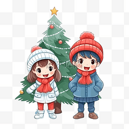 孩子们在外面穿着冬衣来装饰圣诞