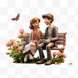 浪漫的情侣坐在公园3D人物插画