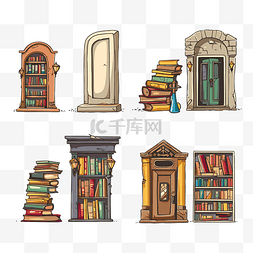 图书馆书籍剪贴画旧书和门以卡通
