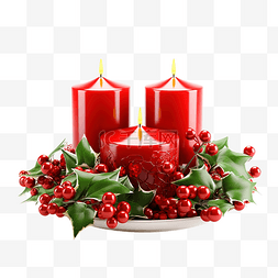3d 插图冬青圣诞饰品和蜡烛