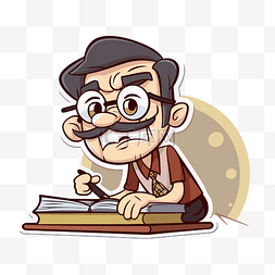 戴眼镜的卡通老师使用笔和笔记本