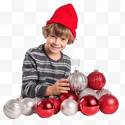 一个红色球图片_戴着红色圣诞帽的男孩装饰一个小