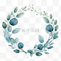 蓝色手绘花框图片_婚礼水彩蓝色桉树花环框架