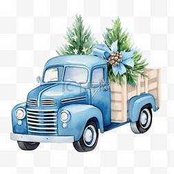 圣诞快乐蓝色海报图片_有松树和礼品盒的水彩蓝色圣诞卡