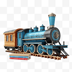3d 蓝色机车与木制货车与学校用品