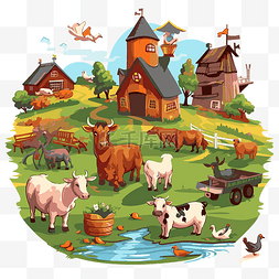村庄俯瞰图片_农场剪贴画卡通农民的村庄与动物