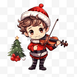 孩子拉小提琴图片_穿著聖誕服裝拉小提琴的卡通小男