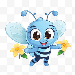花和蜜蜂图片_飞行的蜜蜂和蓝色的花卡通插图