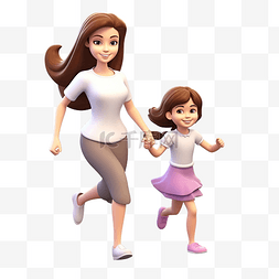 3d 渲染妈妈和女儿跑去拥抱插图