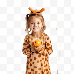 南瓜烛台图片_穿着长颈鹿服装的可爱小女孩在家